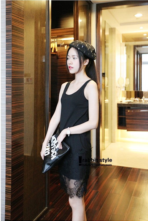 828新款天天特价春秋修身大码中长款蕾丝花边拼接背心