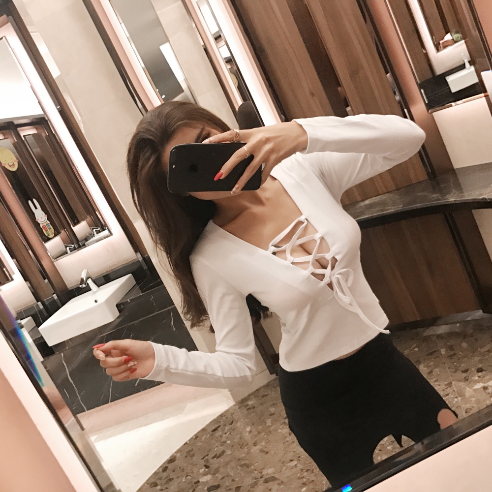 薇姬桑妮春款深v领交叉上衣女2018新款潮长袖秋季镂空低胸短款bf风