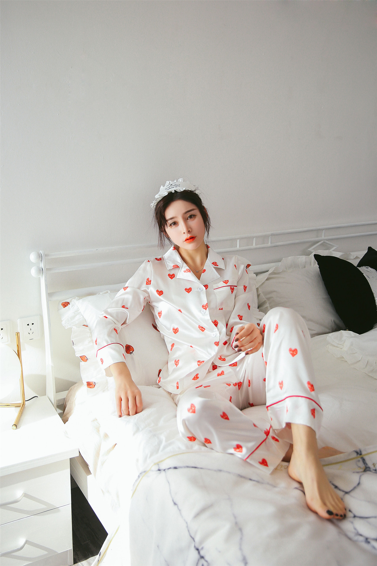 2018春夏新款气质贵妇桃心印花丝绸女睡衣可外出长袖开衫套装睡衣