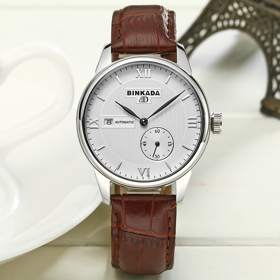 宾卡达binkada手表男士自动机械表男士镂空商务休闲带日历小秒针7007b
