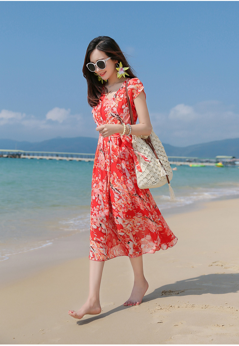 828新款沙滩裙海边度假女夏2017新款波西米亚款碎花雪纺连衣裙定制款