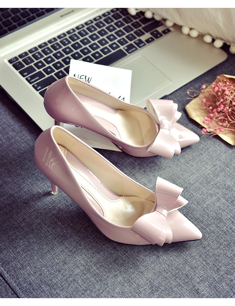 婚鞋女2018新款红色高跟鞋女8厘米细跟尖头性感公主大蝴蝶结单鞋