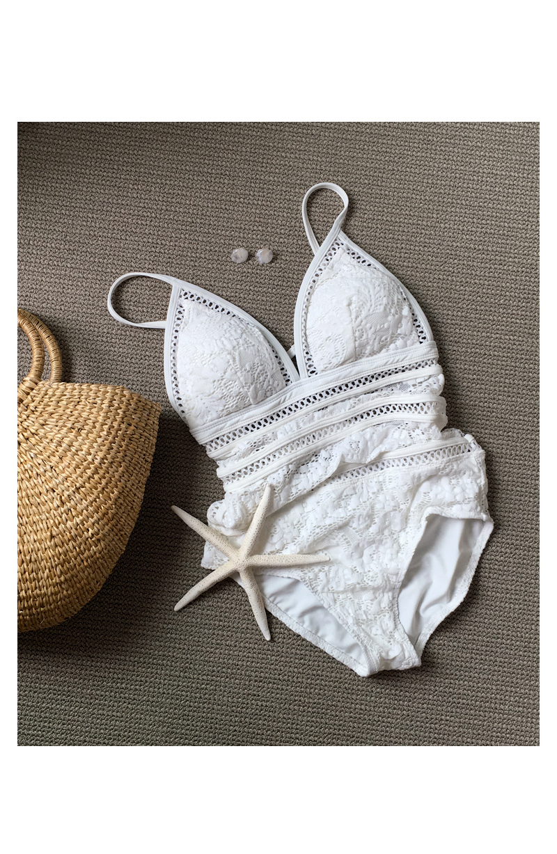 2018新款白色镂空蕾丝气质连体泳衣女性感大露背遮肚显瘦比基尼