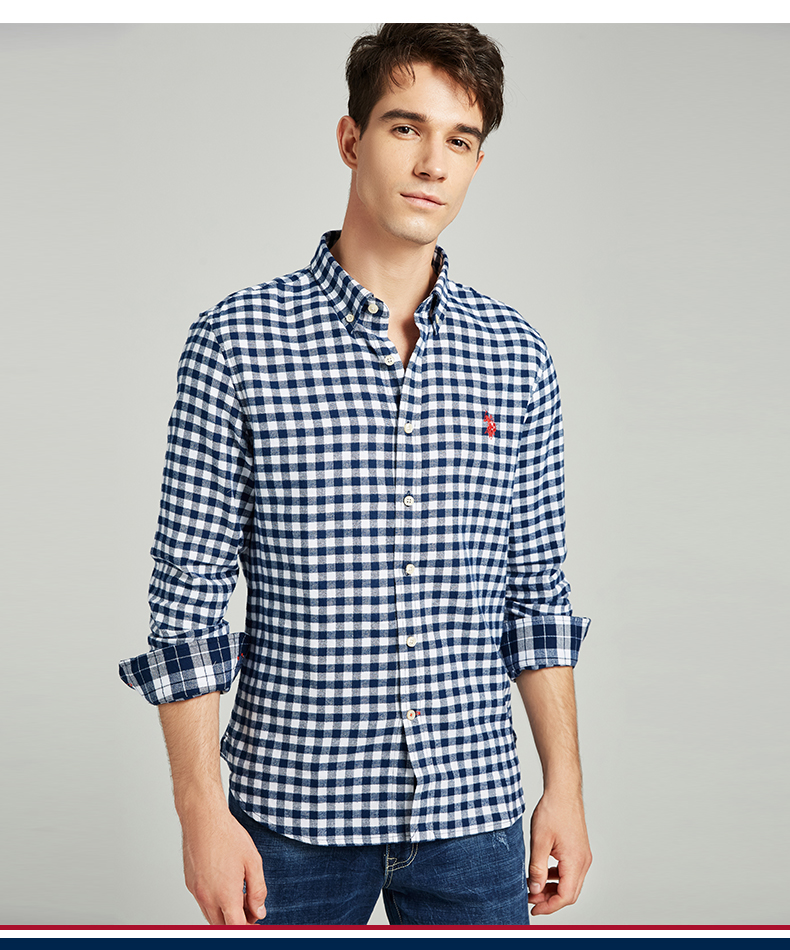 uspoloassn男士纯棉格子衬衫官方新款商务休闲青年磨毛衬衣