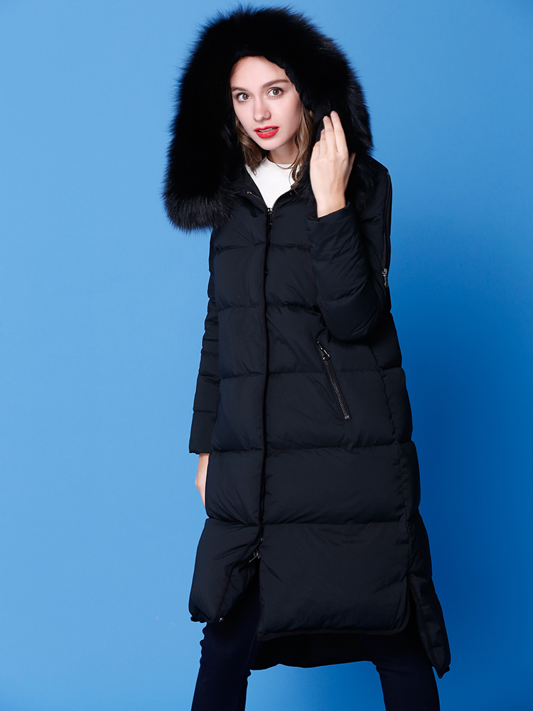 欧莎冬季女装保暖加厚h型前短后长毛领连帽羽绒服女长款