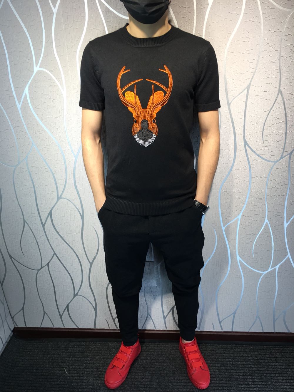 新款式快手红人同款鹿头刺绣针织衫男青年圆领套头韩版修身毛衣短袖线