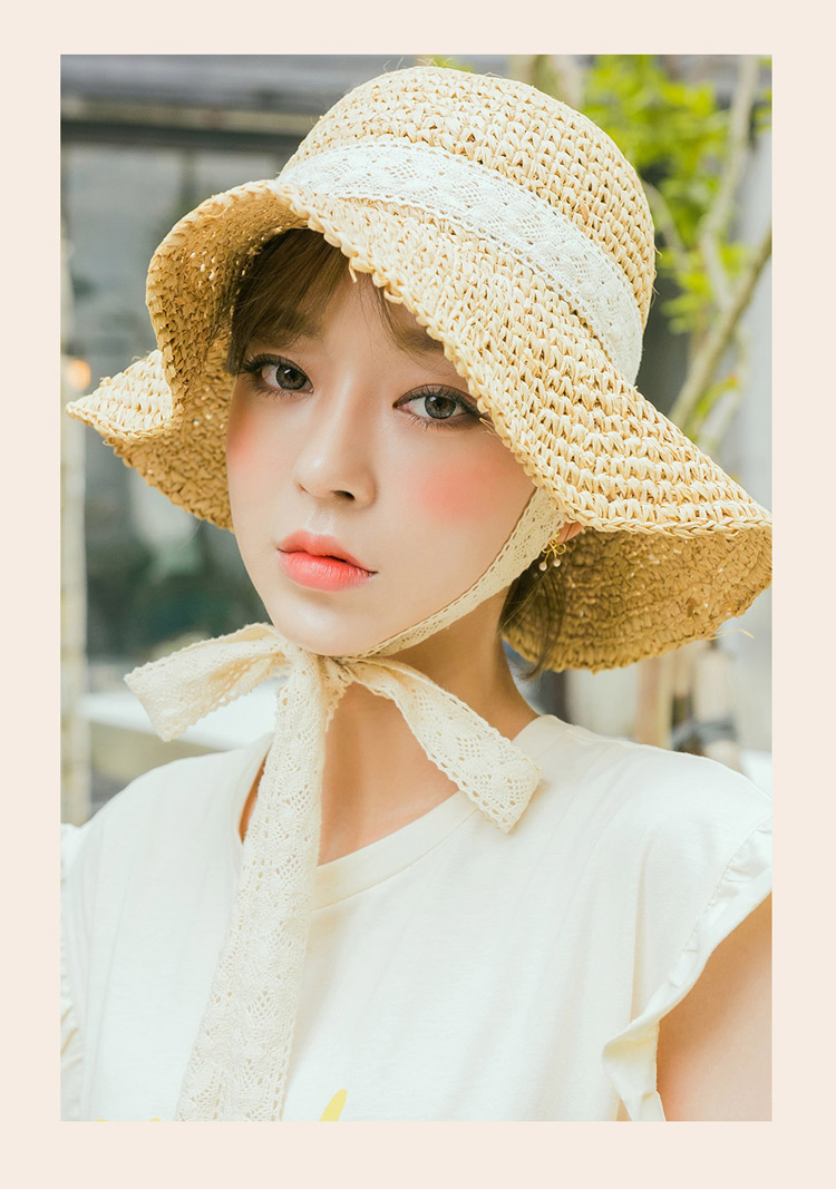 818款帽子女夏韩版绑带蕾丝防风沙滩太阳帽唯美拍照镂空太阳帽文艺