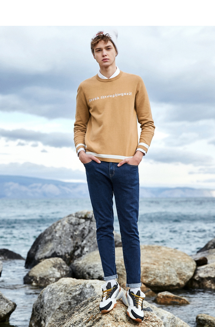 semir森马冬季牛仔裤男磨毛加厚小脚裤修身韩版潮流纯色休闲裤子