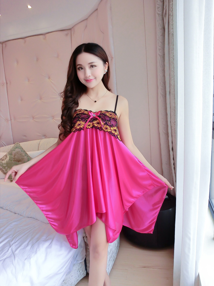 mtiny夏季新款甜美少女睡裙吊带性感丝睡衣休闲仿丝中裙露背家居服