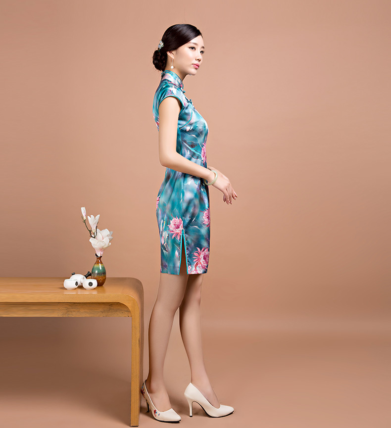绣娘丝绸暗香桑蚕丝旗袍女士短袖中长款真丝旗袍中式礼服连衣裙