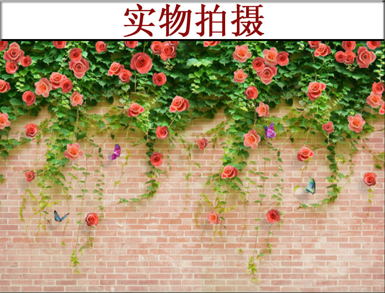 无缝定制壁画电视墙纸壁纸卧室客厅壁画沙红砖蔷薇玫瑰花藤壹德壹