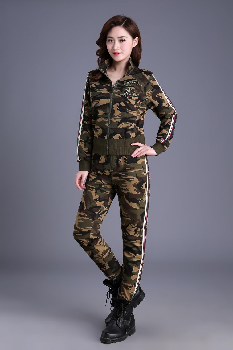 hoscene迷彩服女套装春秋季迷彩服套装女装两件套作训服户外军迷外套