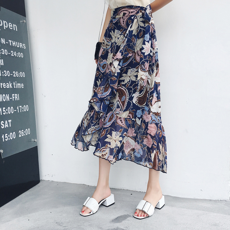 mtiny一片式半身裙女夏雪纺碎花不规则长裙裹裙裹身鱼尾系带围裙式