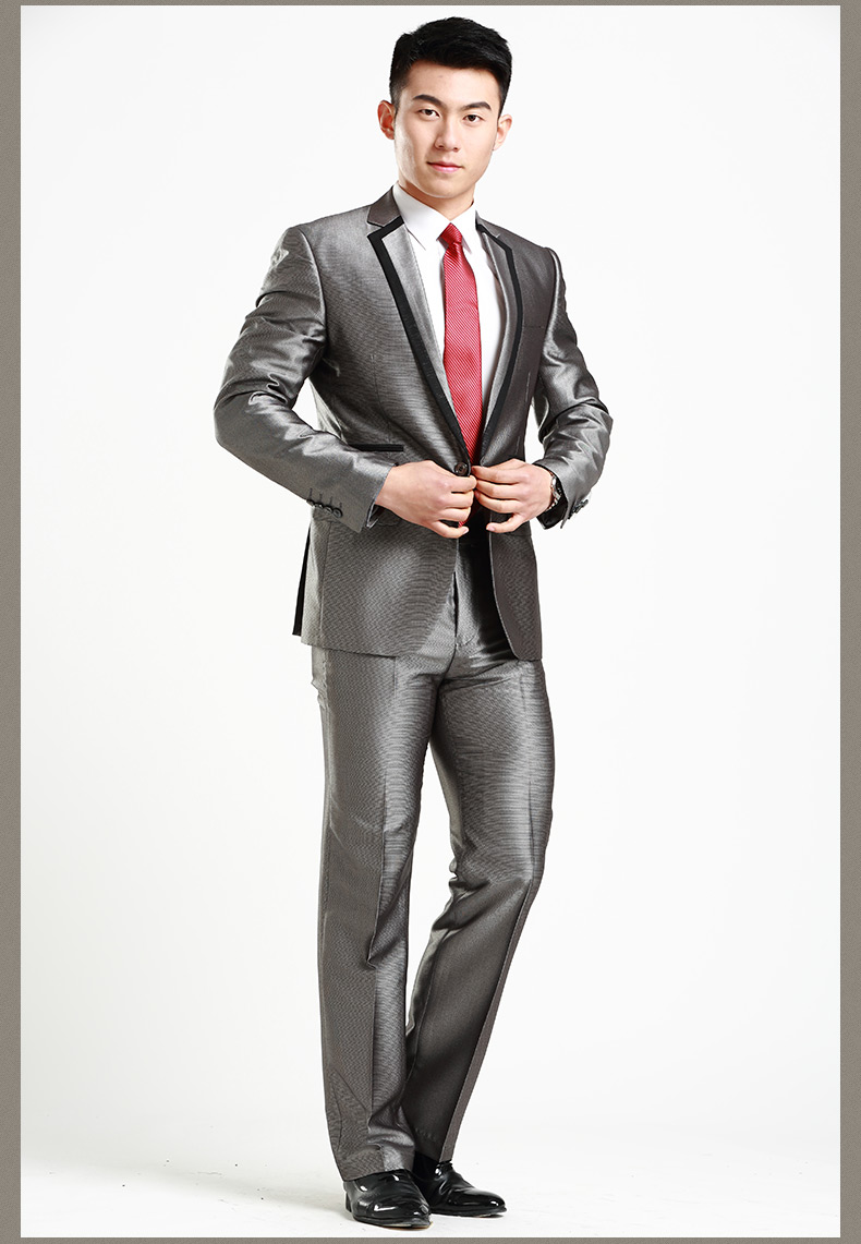 newlake银灰色西服套装男亮面新郎西装结婚礼服修身韩版商务休闲正装