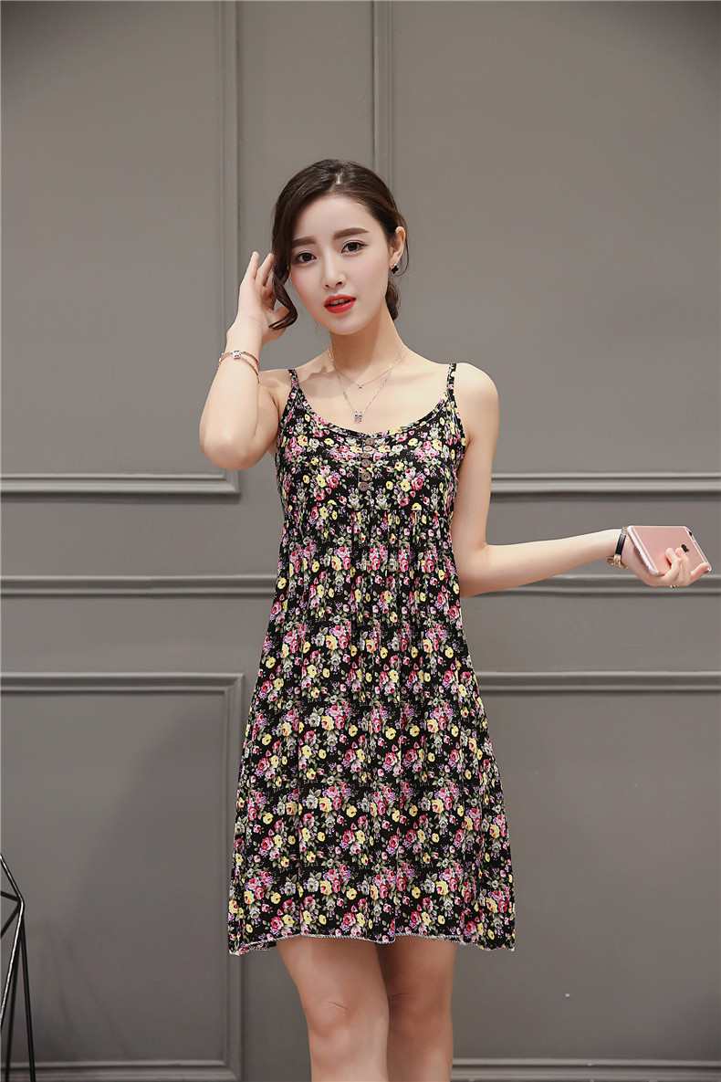 2016夏季新款韩版无袖吊带高腰小花连衣裙女