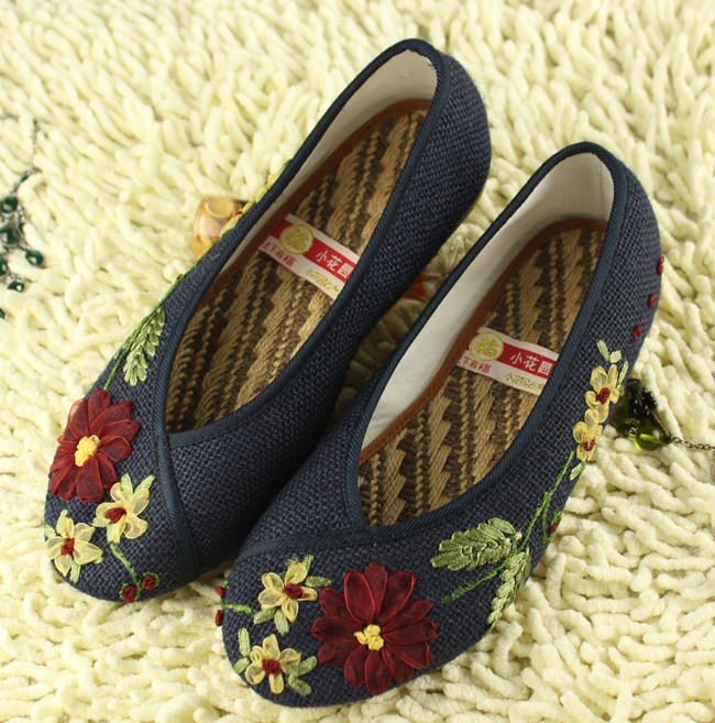 fishbasket小花园绣花鞋布鞋亚麻串花牛筋底女鞋旗袍鞋米圆头休闲鞋