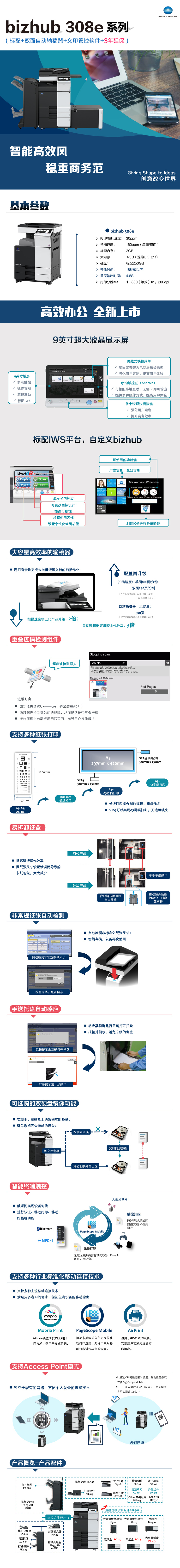 柯尼卡美能达(KONICA MINOLTA)BH308e A3 黑白复合机 30页/分 自动双面输稿器+软件+3年延保