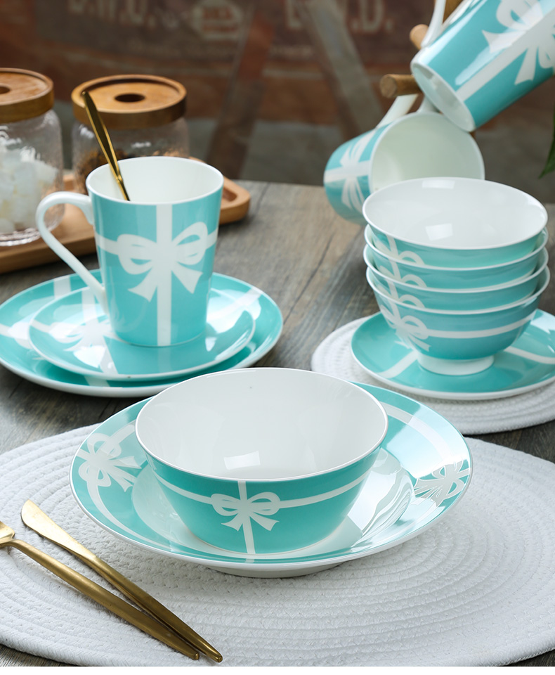 d45蒂芙尼蓝色蝴蝶结骨瓷餐具北欧一人食套装早餐甜品碗碟盘子sc5件
