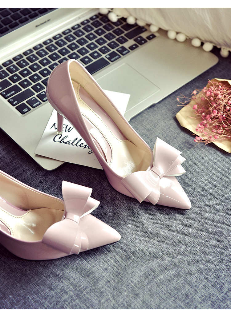 婚鞋女2018新款红色高跟鞋女8厘米细跟尖头性感公主大蝴蝶结单鞋