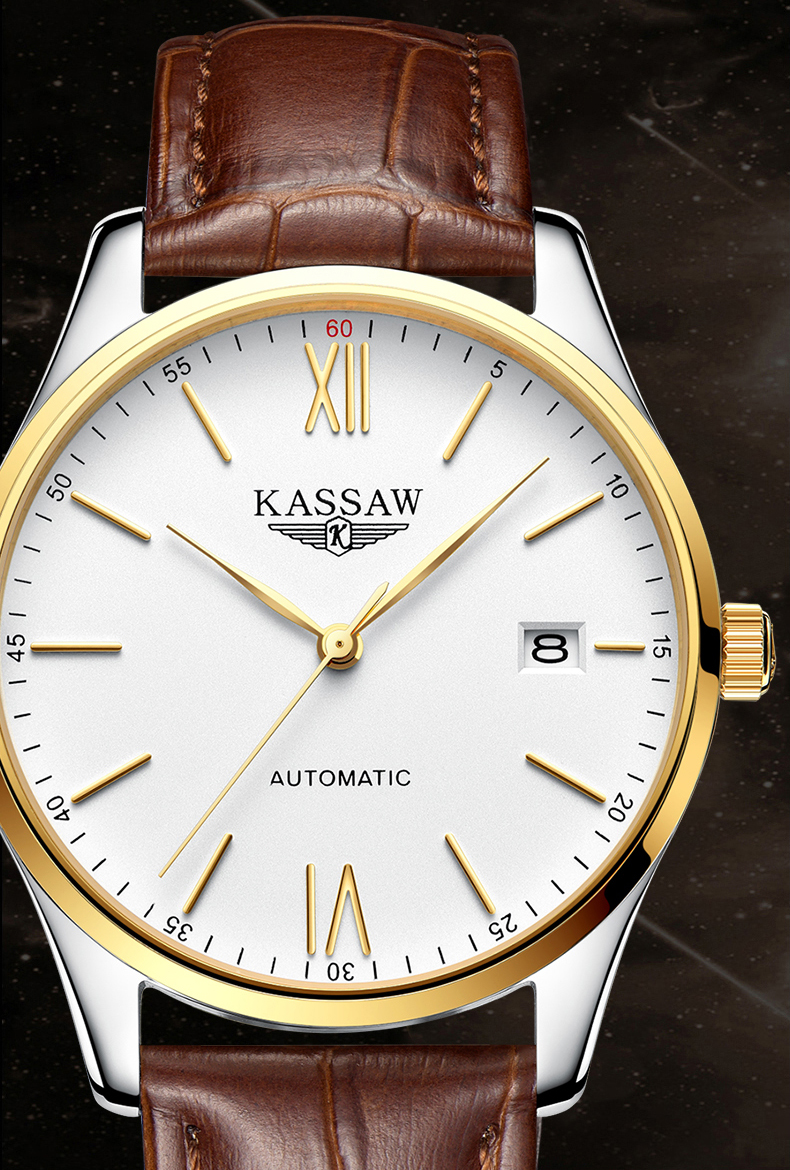 卡梭kassaw手表男士薄款全自动机械表男时尚商务休闲皮带钢带男表日历
