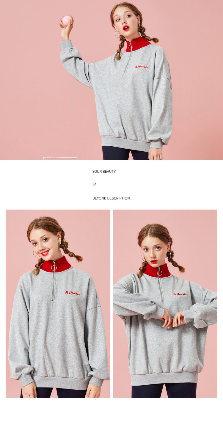 semir森马卫衣女冬季加绒加厚潮流撞色套头衫chic拉链上衣高领