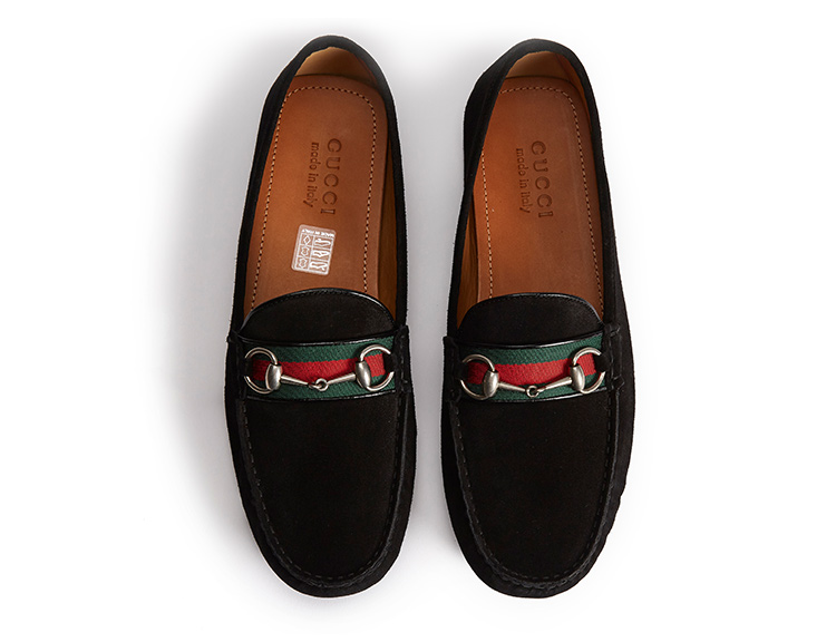 gucci古驰饰条纹织带和马衔扣皮革驾车鞋懒人鞋休闲鞋男450892