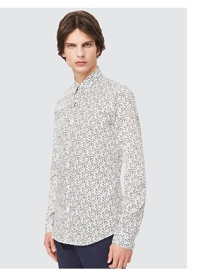 gucci古驰白色小锁链印花纯棉夏季长袖男士衬衫309115