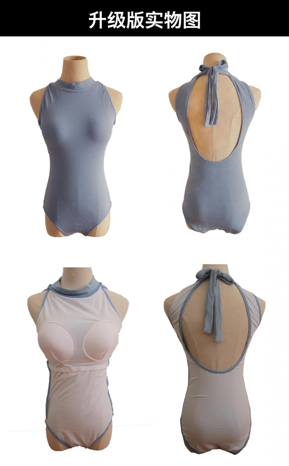 灰蓝色针织泳衣性感三角连体优雅露背保守女神游泳衣女