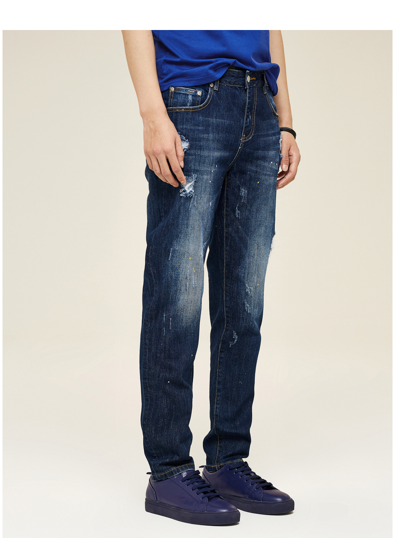 gxg牛仔裤男装秋季男士时尚潮流蓝色牛仔裤潮男青年修身磨白时尚