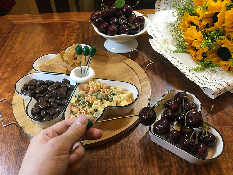 创意陶瓷水果盘带盖下午茶点心分格坚果拼盘试吃零食干果盘带托盘
