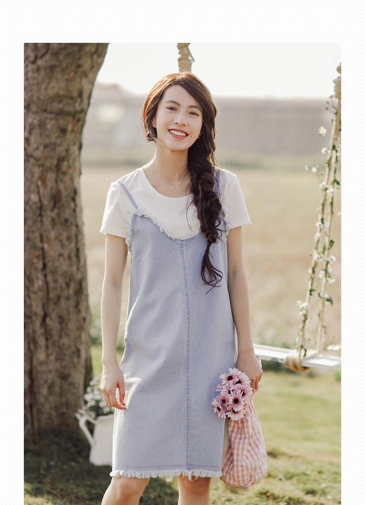 茵曼inman夏装新款短袖恤牛仔吊带连衣裙两件套女1882105186