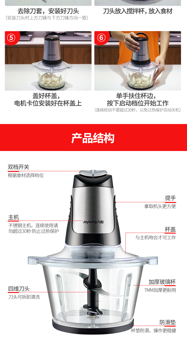 婴儿辅食迷你料理机 4叶大飞刀两档可调 家用绞肉机 碎肉机 搅拌机