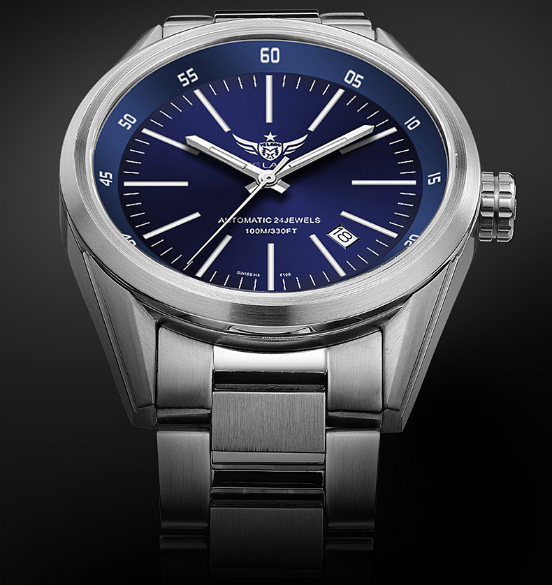 野狼军表yl手表男士机械表全自动商务黑白色钢带透底机械手表自发夜光