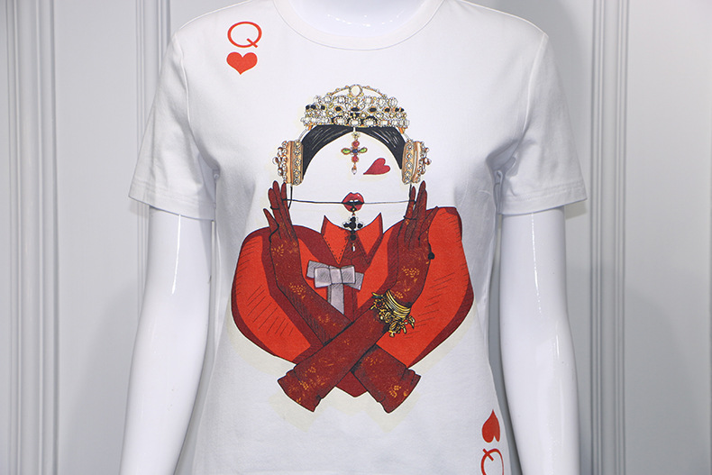 2018早春新款迪丽热巴同款扑克牌红心q白色圆领宽松纯棉短袖t恤女