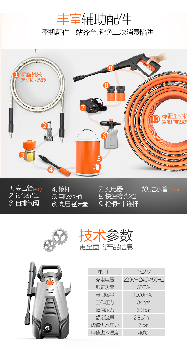 亿力yili 家用洗车机 锂电池充电清洗机ylq4670d-a 25.2v