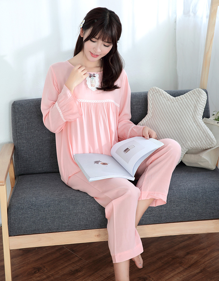 mtiny夏季绵绸睡衣女长袖长裤棉绸薄款人造棉大码家居服套装月子服