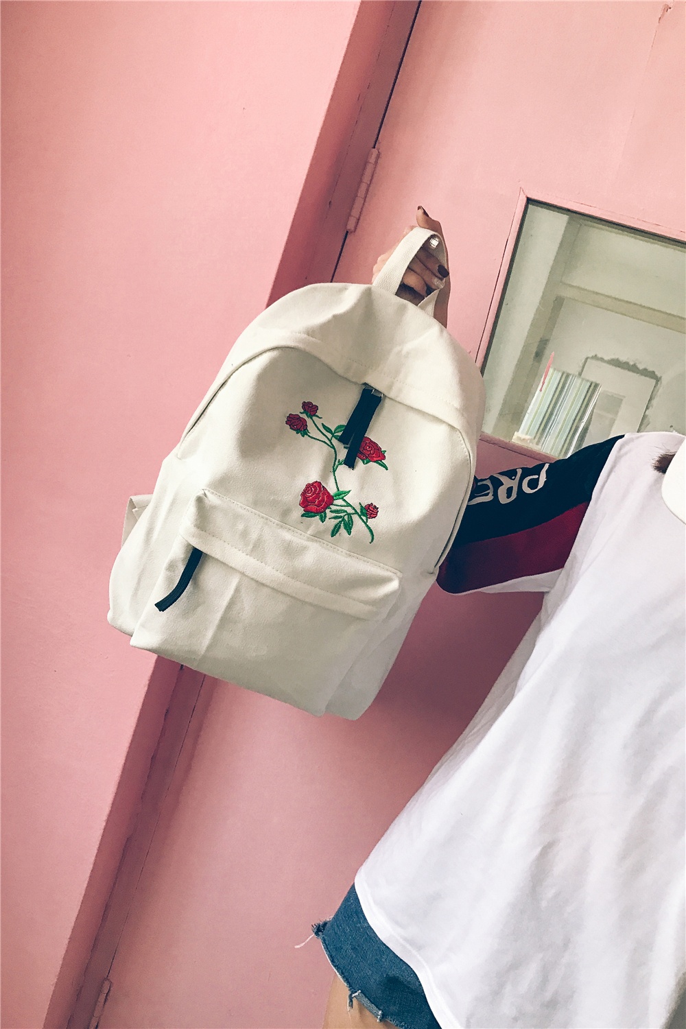 薇姬桑妮刺绣书包女双肩包韩版复古花朵帆布原宿高中学生闺蜜背包