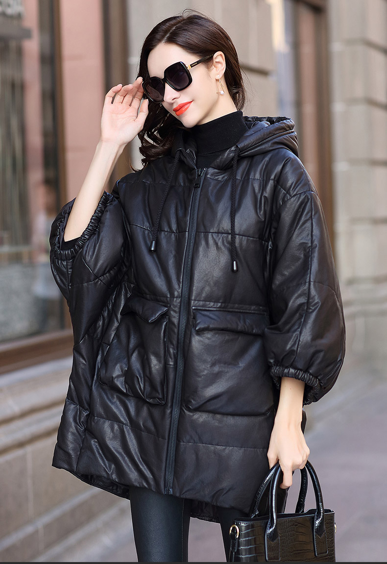 hunnz真皮皮衣女羽绒服女绵羊皮2018冬季新款休闲连帽外套女黑色