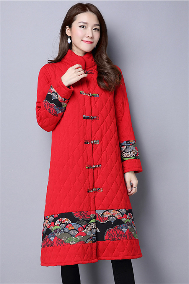 薇姬桑妮2017冬季民族风复古大码女装中长款盘扣印花唐装夹棉加厚