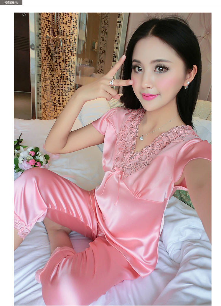 睡衣女夏季新品丝质睡衣宽松v领花边纯色七分裤家居服套装