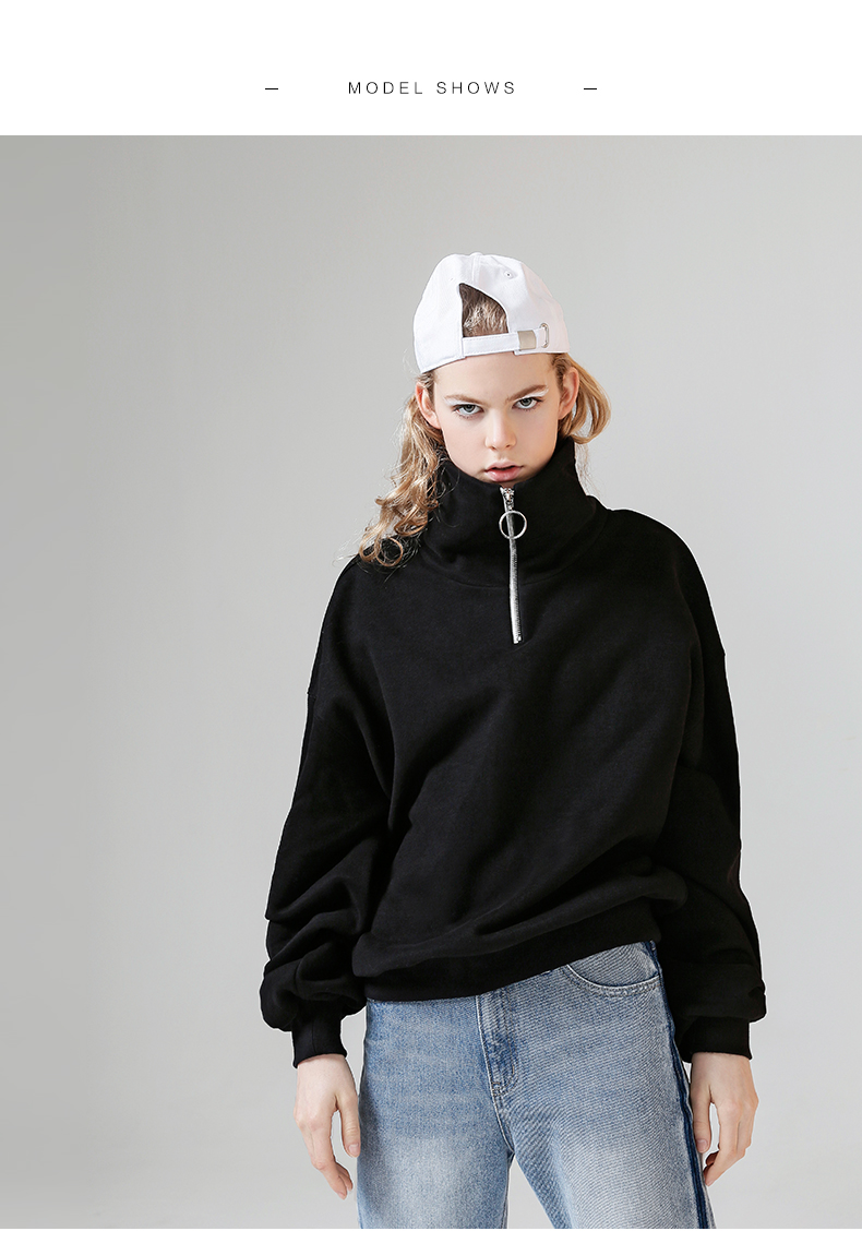 初语2018秋季新款拉链高领灯笼泡泡袖宽松休闲卫衣女带帽个性潮