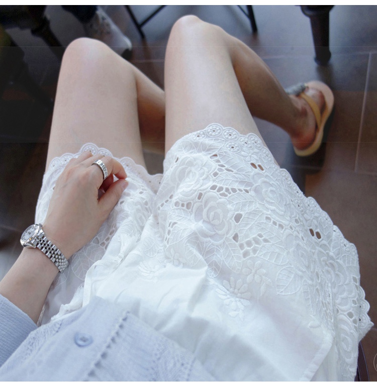 828新款白色蕾丝短裤女夏外穿休闲松紧抽绳钩花高腰阔腿宽松百搭大码