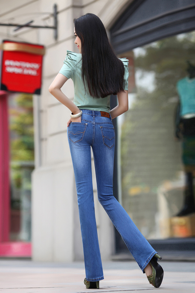 902新款春季新款韩版弹力高腰微喇牛仔裤女显瘦修身大裤脚女裤牛仔长