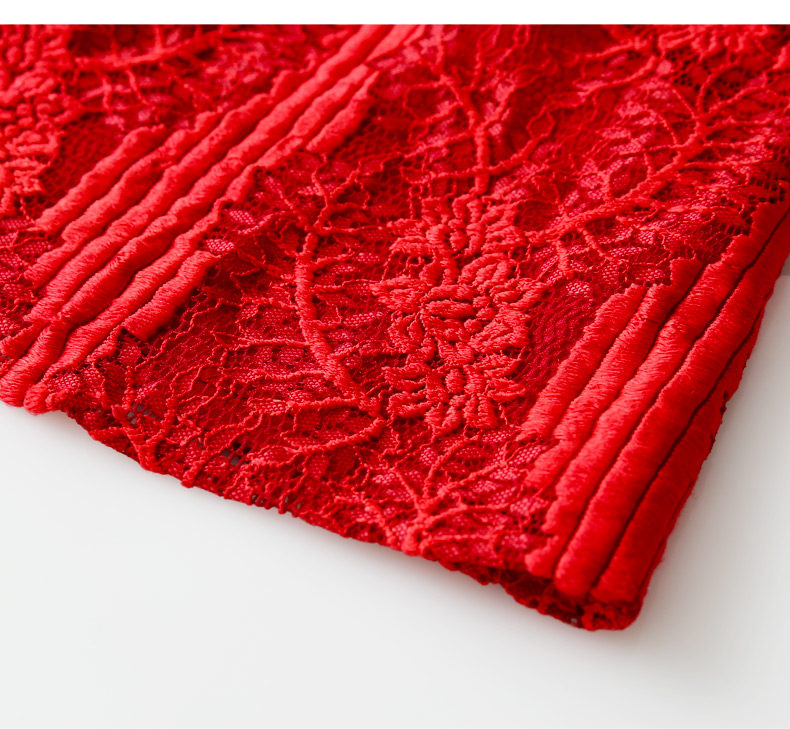 zk喇叭长袖镂空蕾丝衫雪纺女时尚2018春夏新款红色小衫打底衫上衣