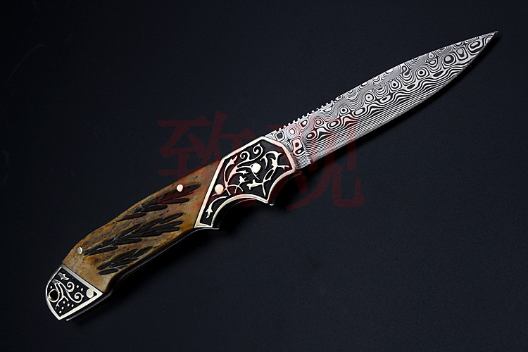 致观进口瑞粉大马士革鹿角柄小刀折叠刀户外刀具随身防身求生军刀野外