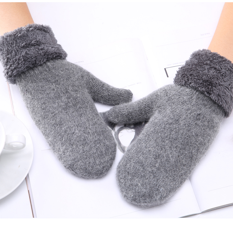 七斓韩版毛线全包指手套女冬季时尚连指加绒加厚保暖学生纯色包套甜美