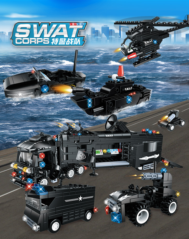 沃马(woma)拼插玩具特警系列 沃马积木警特战队作战指挥车8合1儿童