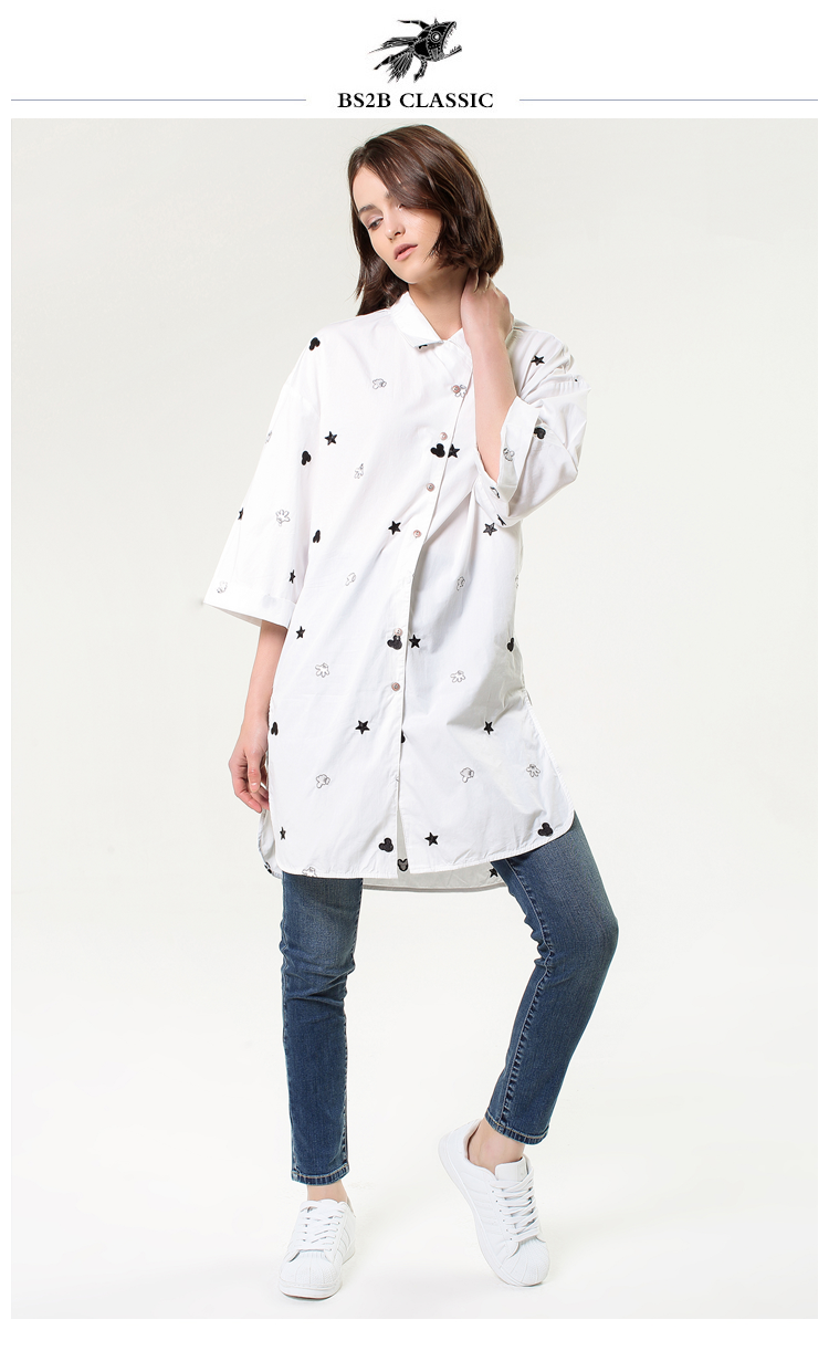 小魔鱼2017夏新品女装绣花衬衫女宽松七分袖中长款显瘦纯棉衬衣女