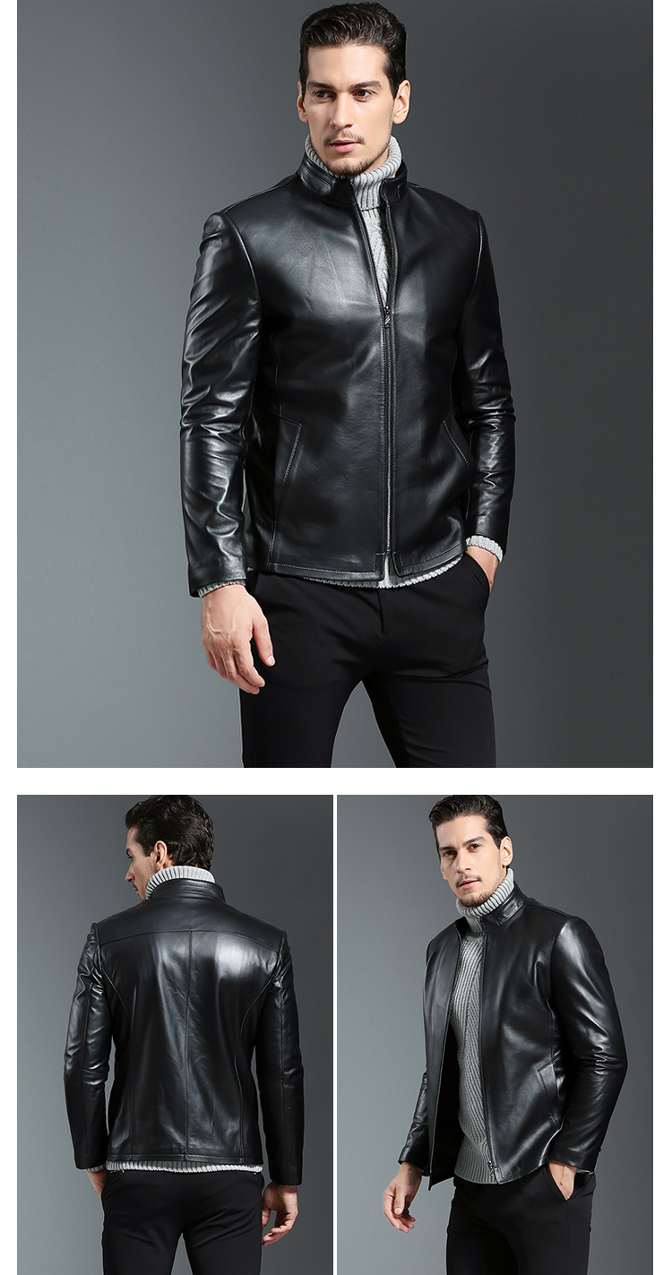 汤尼保罗tonypaulo男款黑色简约大气百搭小立领皮衣