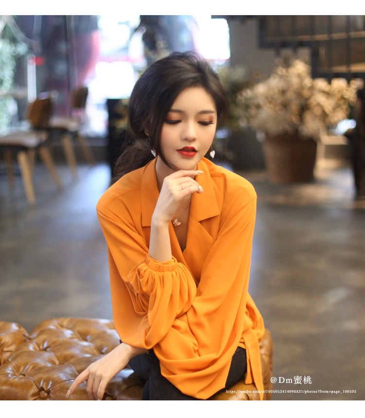 新款式dm蜜桃定制春夏新款韩版雪纺衫女宽松灯笼袖西装领系带上衣气质